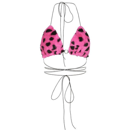 Furry leopard print self tie open back o ring bra top
