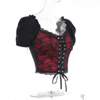 Puff sleeve contrast v neck lace patchwork lace up crop top