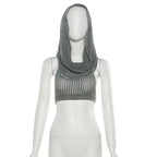 Hoodie sleeveless see through crochet backless self tie crop top
