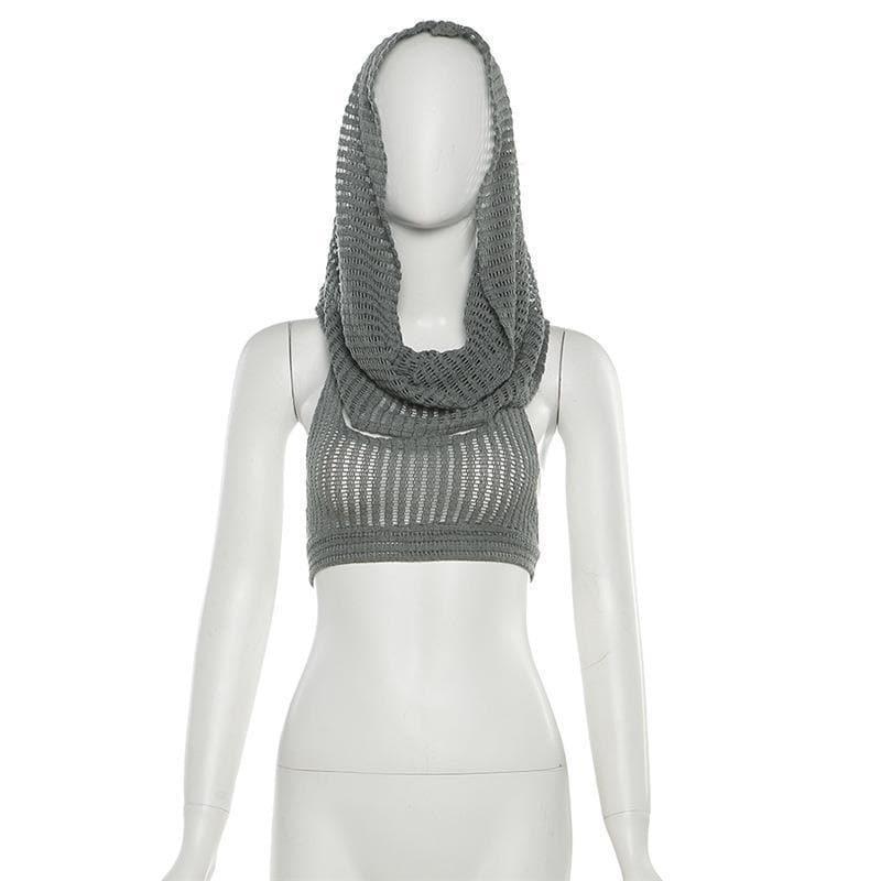 Hoodie sleeveless see through crochet backless self tie crop top