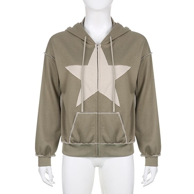 Stitch star patchwork drawstring pocket zip-up hoodie coat - Final Sale