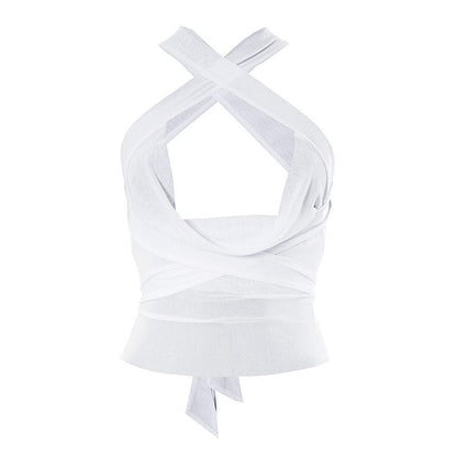 Sheer mesh see through solid cross front cowl neck 3-way top
