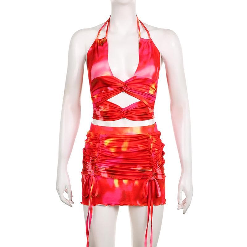 Minigonna tie-dye con coulisse, annodata, arricciata, con lacci autobloccanti 