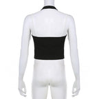 Contrast patchwork lace up halter backless crop top
