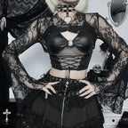Flared sleeve ruched lace solid shrug top
