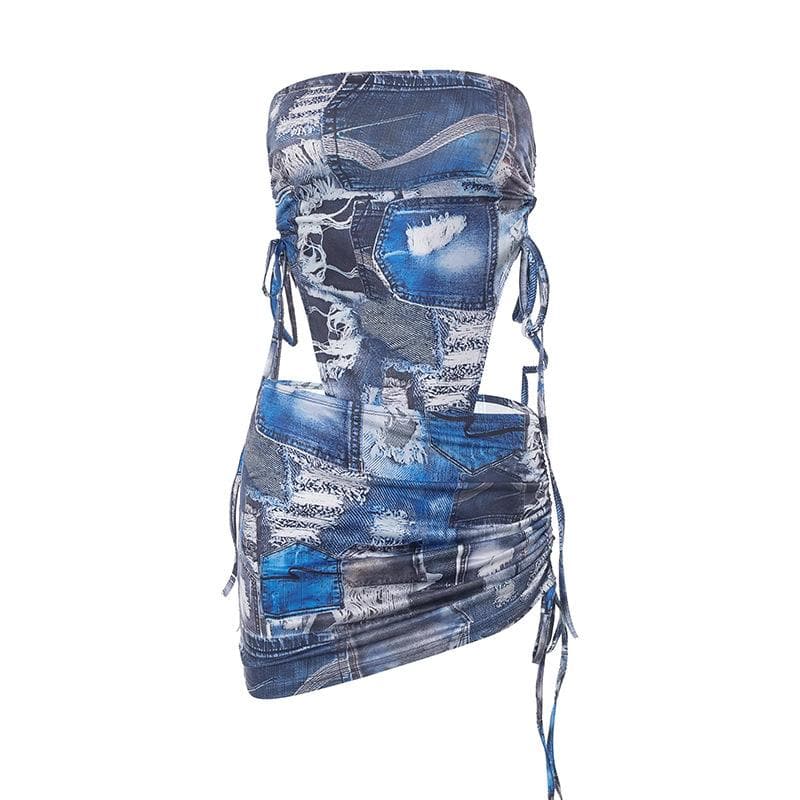 Denim print contrast drawstring self tie backless tube mini skirt set