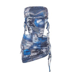 Denim print contrast drawstring self tie backless tube mini skirt set