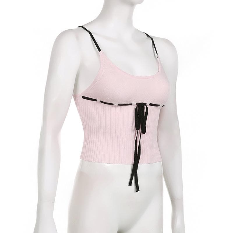 Backless u neck stitch knitted contrast cami crop top