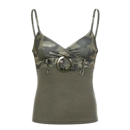 Contrast camouflage print v neck buckle cami top
