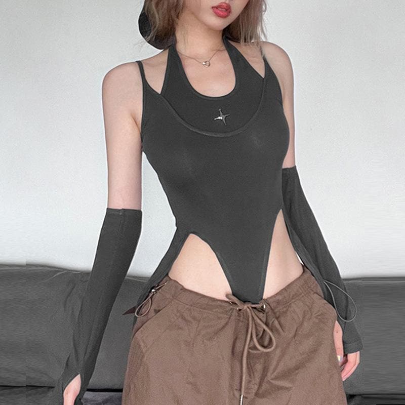 Body con cappuccio e nastro in tinta unita con guanti e applicazione a stella patchwork 