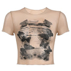 Butterfly pattern sheer mesh see through short sleeve crop top
