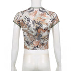 Camouflage v neck short sleeve contrast crop top