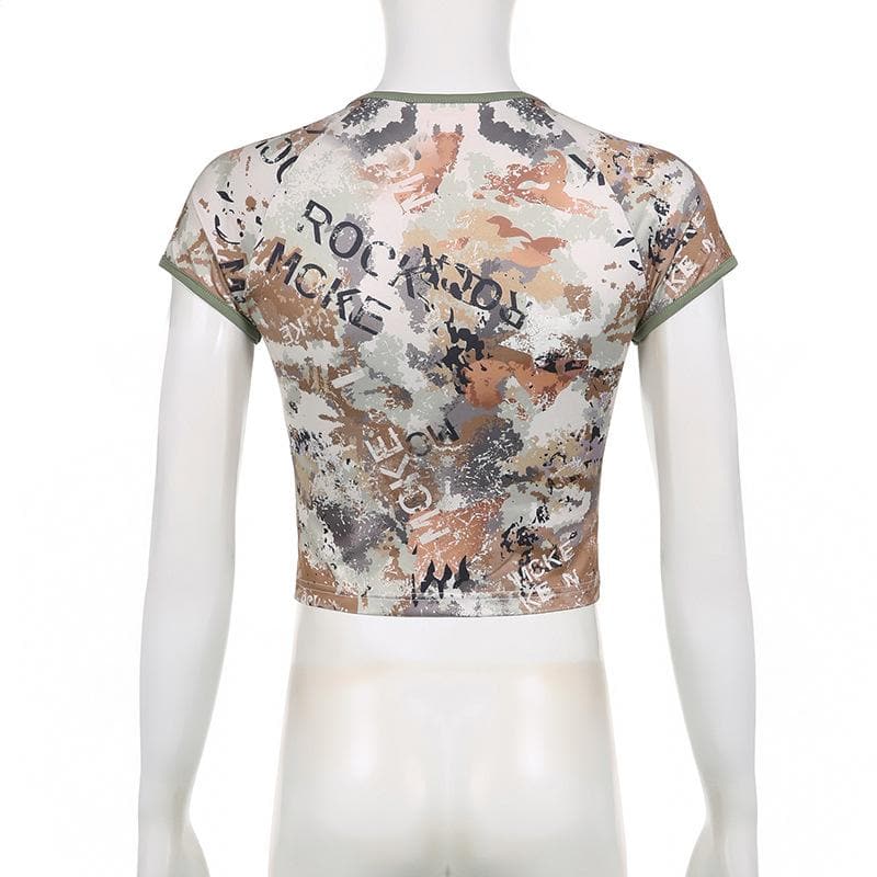 Camouflage v neck short sleeve contrast crop top