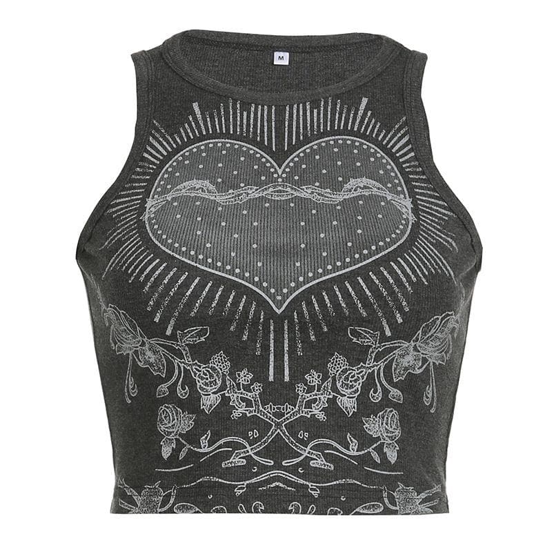 Crewneck sleeveless heart pattern contrast crop top