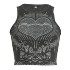 Crewneck sleeveless heart pattern contrast crop top