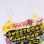 Letter print contrast u neck backless cami crop top