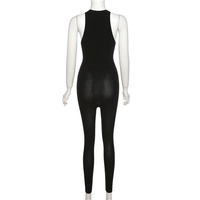 Ärmelloser Jumpsuit aus einfarbigem Fischnetz mit Rundhalsausschnitt und ausgehöhlter Spitze
