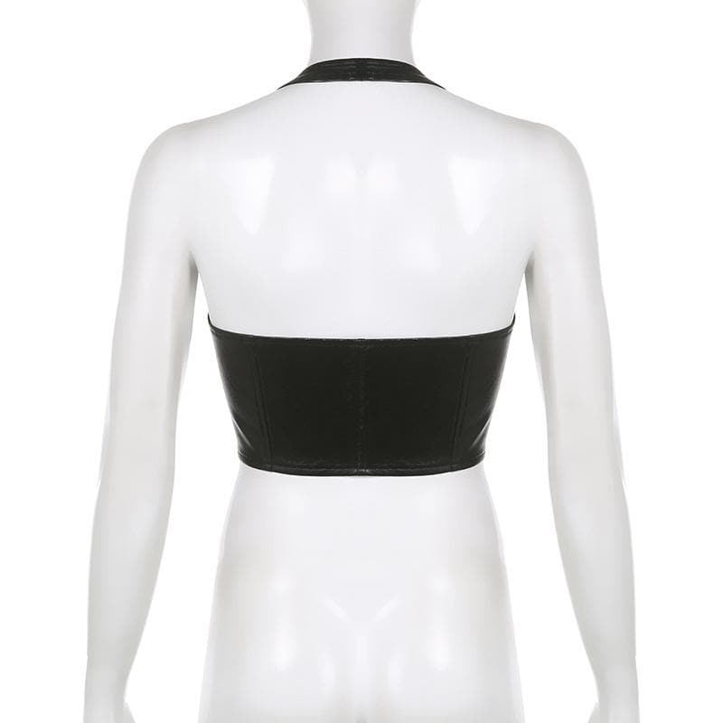 PU leather halter v neck zip-up solid backless crop top - Final Sale