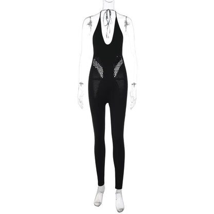 Hollow out solid u neck self tie backless jumpsuit