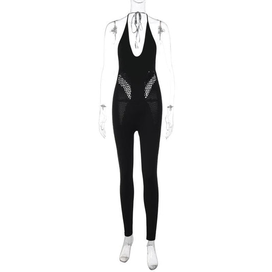 Hollow out solid u neck self tie backless jumpsuit
