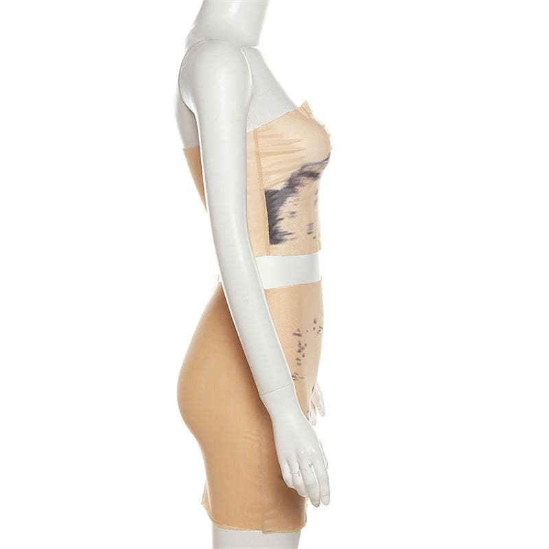 Tie dye contrast sheer mesh see through tube mini skirt set