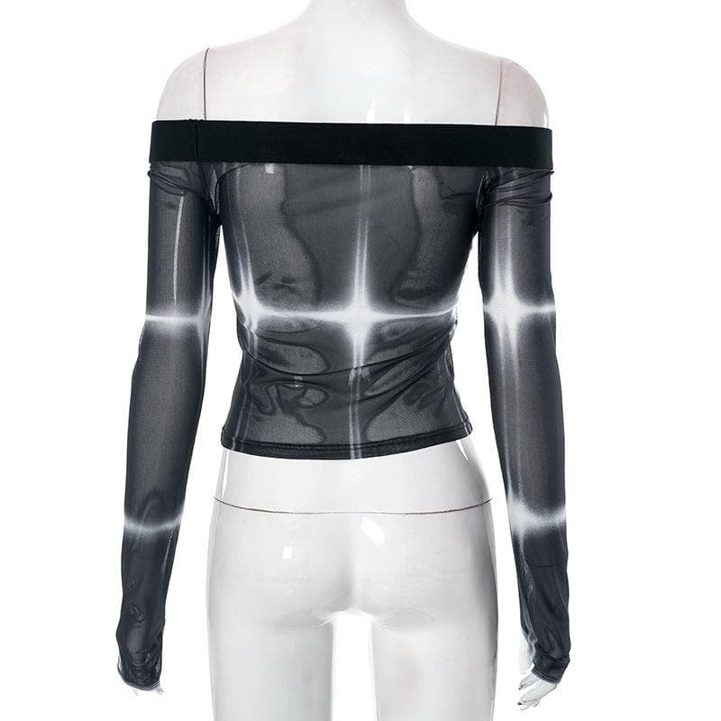 Tie dye contrast off shoulder long sleeve gloves sheer mesh see through top