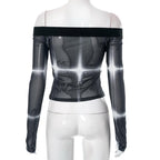 Tie dye contrast off shoulder long sleeve gloves sheer mesh see through top