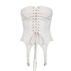 Solid button lace up corset backless self tie tube top