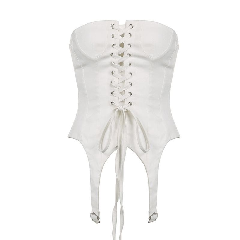 Solid button lace up corset backless self tie tube top