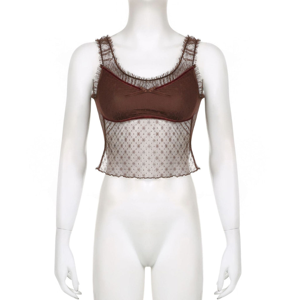 Top corto senza maniche in rete con volant patchwork 