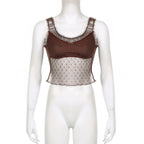 Top corto senza maniche in rete con volant patchwork 