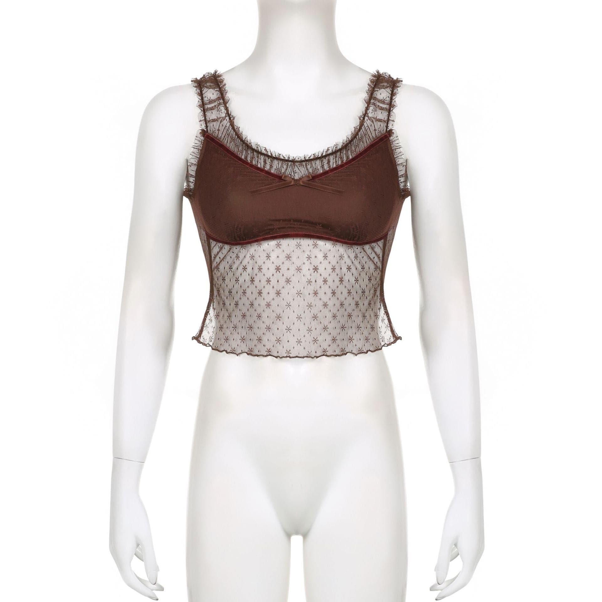 Top corto senza maniche in rete con volant patchwork 