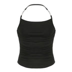 Metal chain halter ruched solid backless top