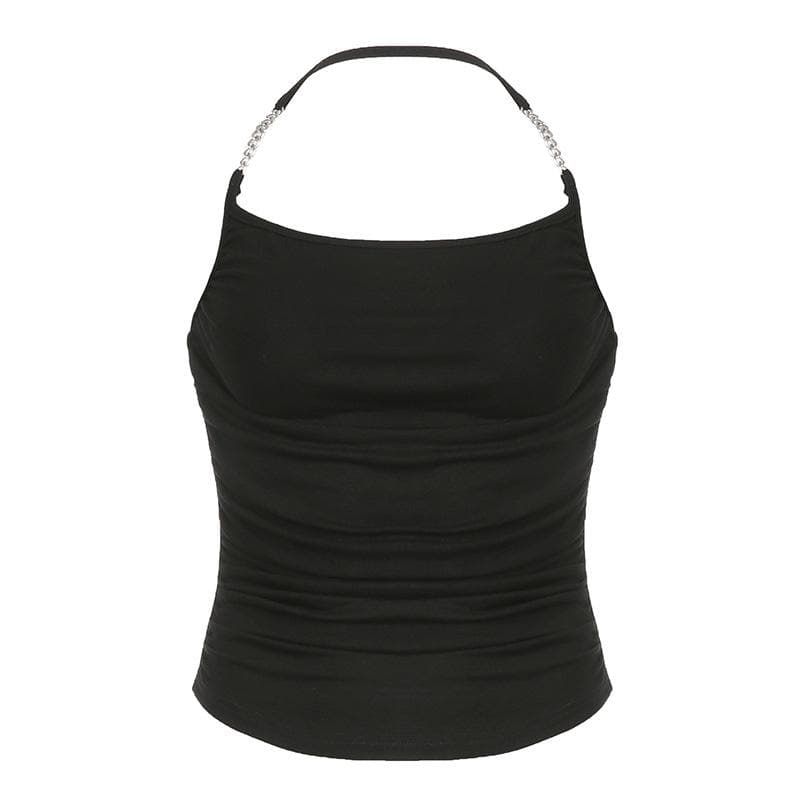 Metal chain halter ruched solid backless top