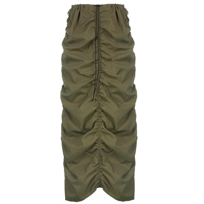 Drawstring ruched cargo low rise solid midi skirt