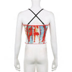 Cross back contrast u neck abstract backless crop top