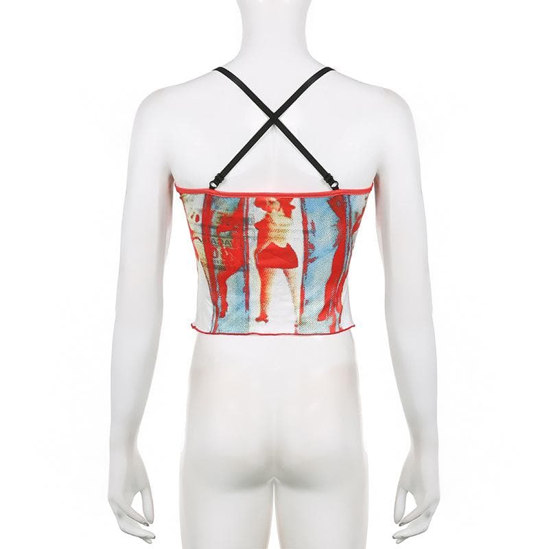 Cross back contrast u neck abstract backless crop top