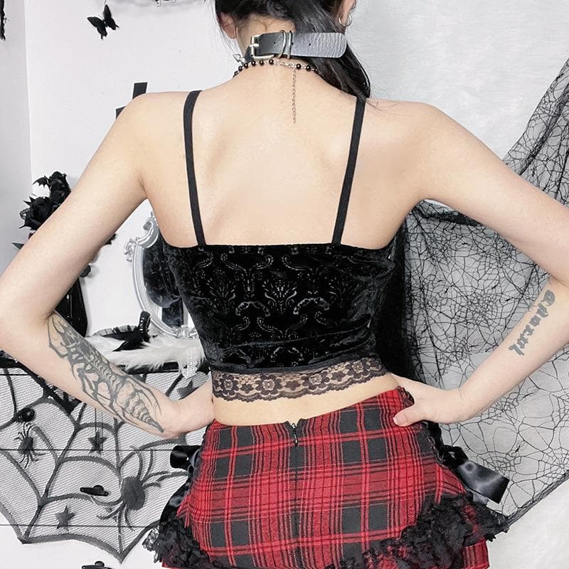 Lace up backless velvet lace hem square neck cami crop top