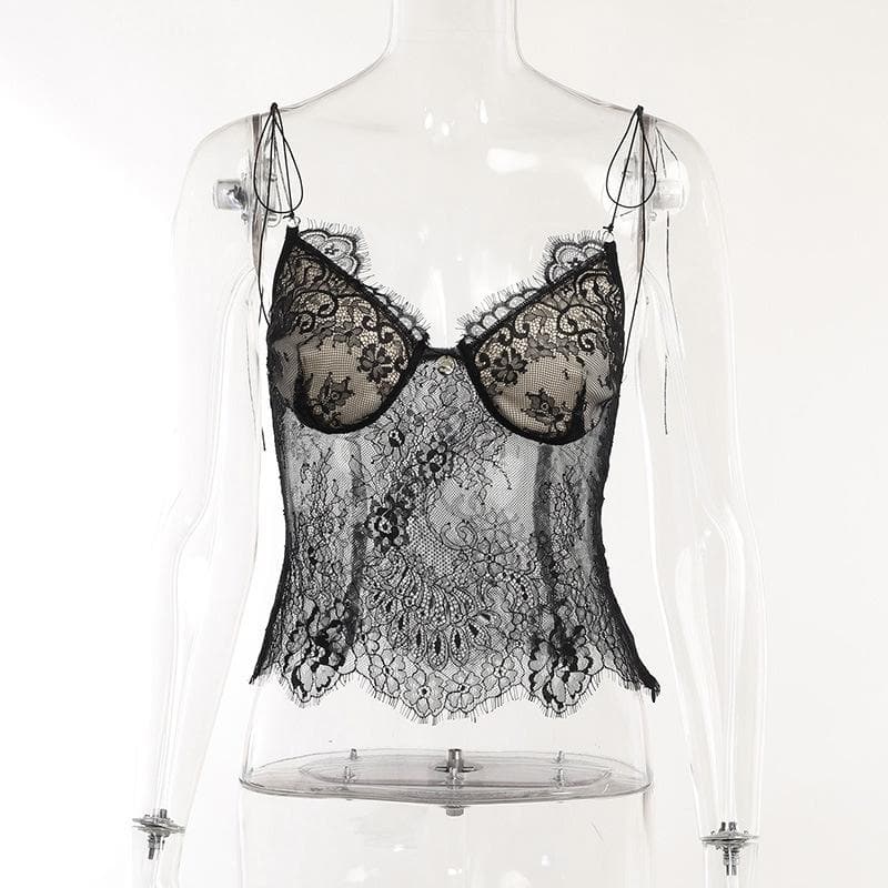 Top in pizzo con spalline sottili e allacciatura a V e schiena scoperta 