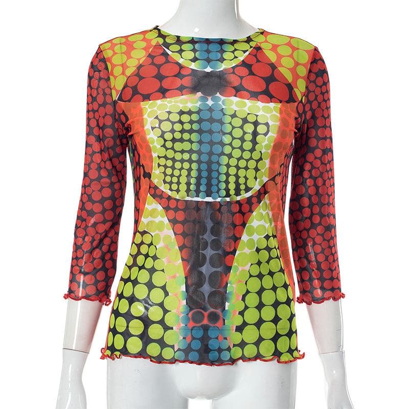Sheer mesh long sleeve polka dot thermal contrast ruffle 2-way top
