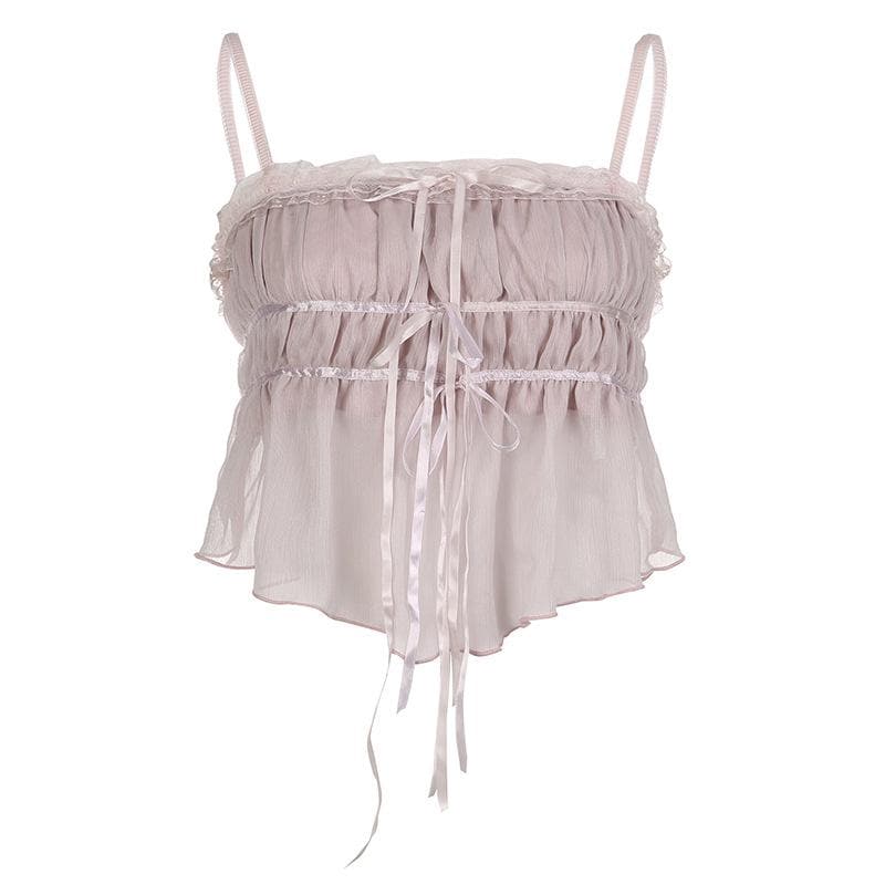 Chiffon solid pleated ruffle lace hem button cami crop top
