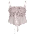 Chiffon solid pleated ruffle lace hem button cami crop top