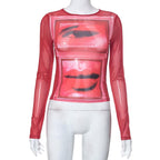 Sheer mesh see through abstract print long sleeve contrast top