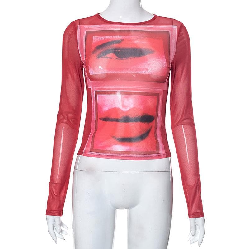 Sheer mesh see through abstract print long sleeve contrast top