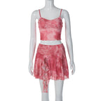 Tie dye contrast ruffle backless bowknot cami mini skirt set