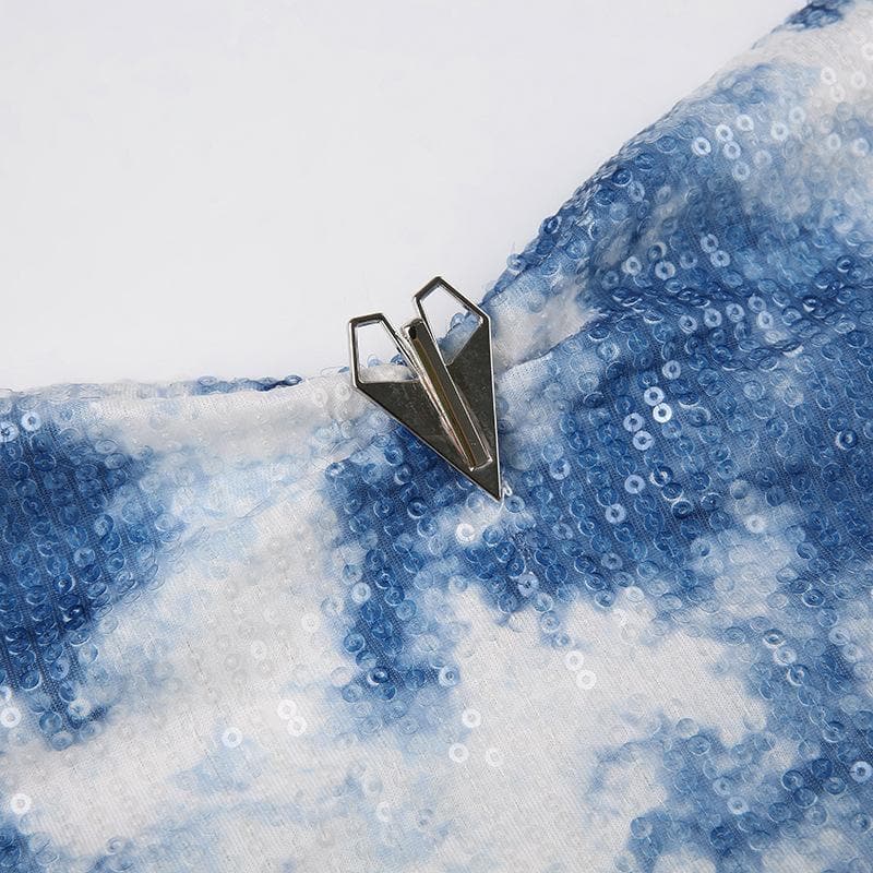 Tie dye metal chain glitter halter backless crop top