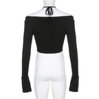 Halter self tie flared sleeve button solid 2 piece crop top