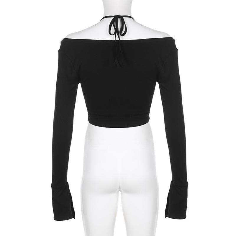 Halter self tie flared sleeve button solid 2 piece crop top