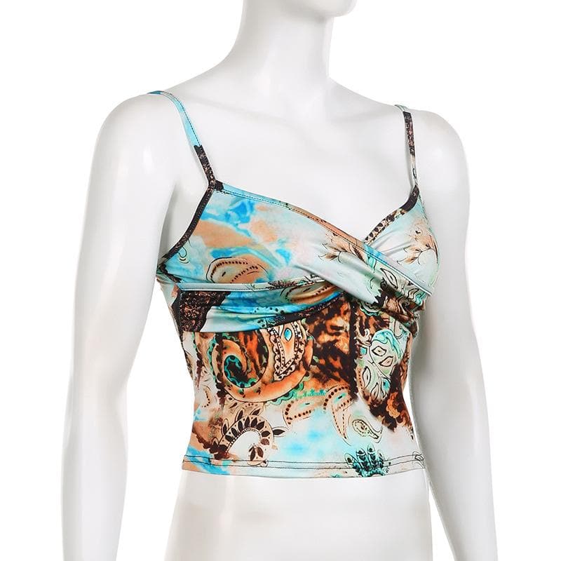 Abstract Print Ruched Contrast V Neck Backless Cami Crop Top