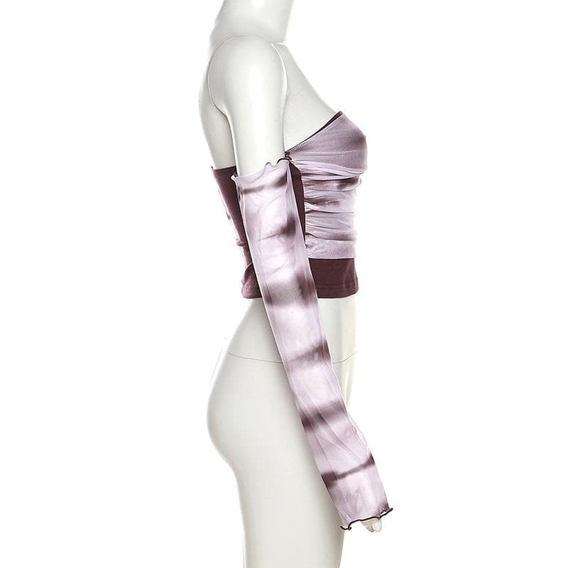 Top a maniche lunghe con volant e spalle scoperte in rete tie-dye arricciato 